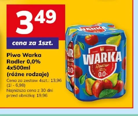 Piwo bezalkoholowe Warka Radler 0,0% 4-pak 500ml promocja w Hitpol