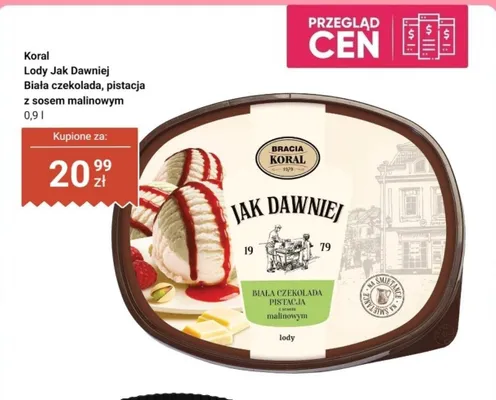 Lody Jak dawniej biała czekolada, pistacja z sosem malinowym promocja w Dino
