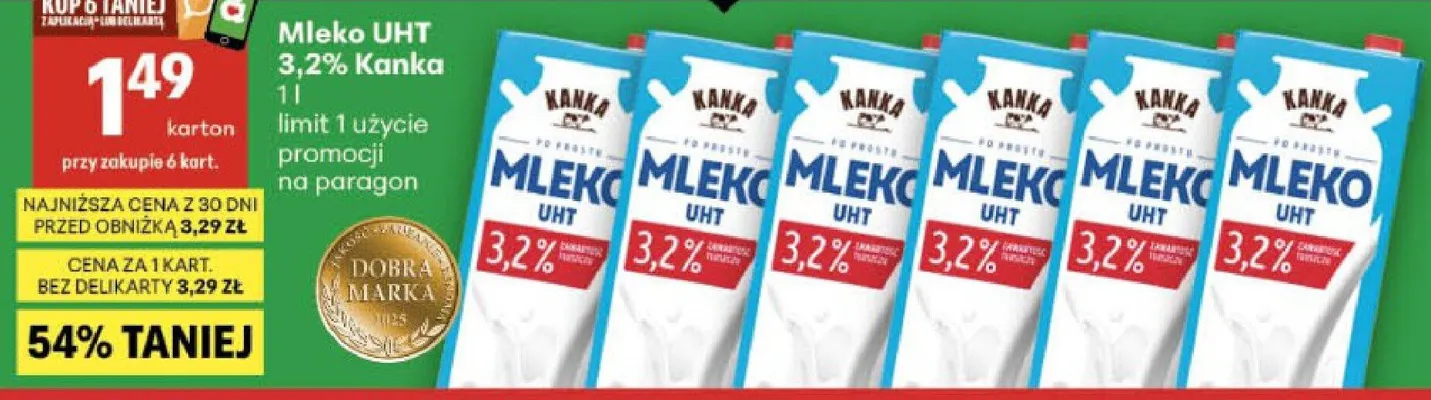 Mleko UHT 3,2% Kańka promocja w Delikatesy Centrum