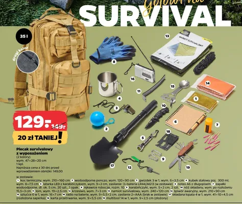 Plecak survivalowy z wyposażeniem wym. 47x28x20cm promocja w Netto