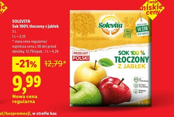 Sok 100% tłoczony z jabłek Solevita promocja w Lidl