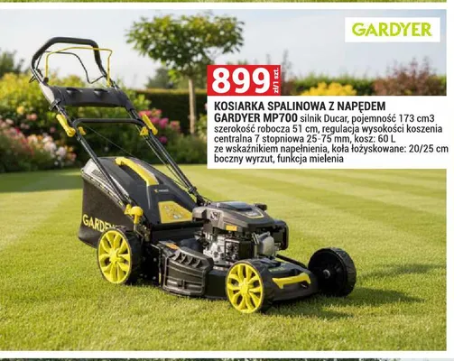 Kosiarka spalinowa z napędem GARDYER MP700 silnik Ducar pojemność 173 cm3 szerokość robocza 51cm regulacja wysokości koszenia centralna 7 stopniowa 25-75mm kosz 60l ze wskaźnikiem napełnienia koła łożyskowane 20/25cm boczny wyrzut funkcja mielenia promocja w Merkury Market
