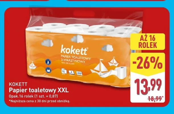 Papier toaletowy Kokett XXL 3-warstwowy 16-pak promocja w Aldi