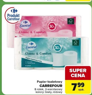 Papier toaletowy Carrefour Essential Classic & Comfort 8-pak biały promocja w Carrefour Express