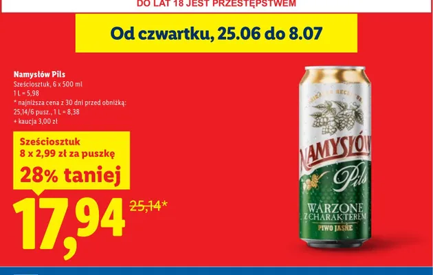 Piwo Namysłów Pils 6-pak 500 ml promocja w Lidl