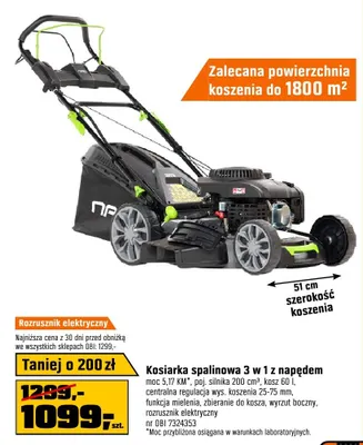 Kosiarka spalinowa 3 w 1 z napędem moc 5,17KM pojemność silnika 200cm³ kosz 60l centralna regulacja wys. koszenia 25-75mm funkcja mielenia zbieranie do kosza wyrzut boczny rozrusznik elektryczny promocja w OBI