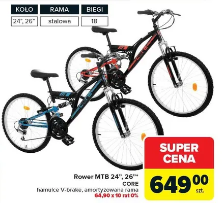 Rower MTB 24" Core hamulce V-brake amortyzowana rama promocja w Carrefour
