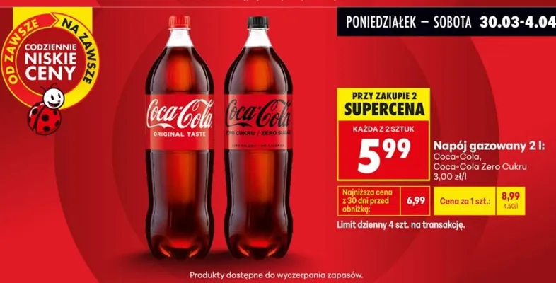 Napój gazowany 2l: Coca-Cola, Coca-Cola Zero Cukru promocja w Biedronka