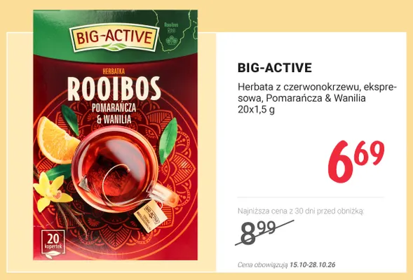 Herbata z czerwonokrzewu ekspresowa Pomarańcza & Wanilia Big-Active promocja w Rossmann
