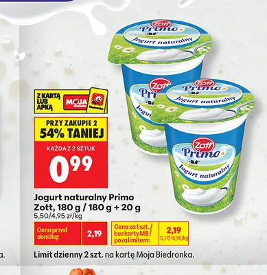 Jogurt naturalny Primo Zott 180 g + 20 promocja w Biedronka