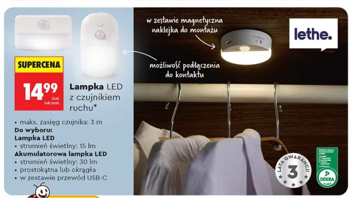 Lampka LED z czujnikiem ruchu lethe. promocja w Biedronka