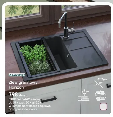 Zlew granitowy GRANSTYLE Horizon czarny dł. 65 x szer. 50 x gł. 20cm w komplecie wkładka ociekowa promocja w Castorama