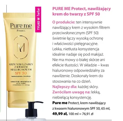 Krem nawilżający do twarzy z kwasem hialuronowym SPF 50 Pure Me Protect promocja w Hebe