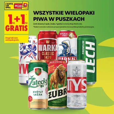 Piwo w wielopaku 1-pak + 1-pak GRATIS promocja w Biedronka
