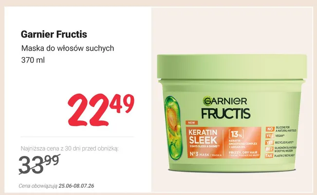 Maska do włosów Garnier Fructis Keratin Sleek promocja w Rossmann