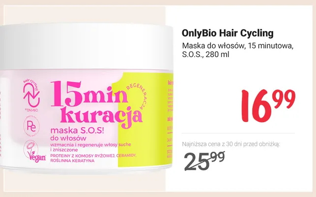 Maska do włosów 15 minutowa S.O.S. OnlyBio Hair Cycling promocja w Rossmann