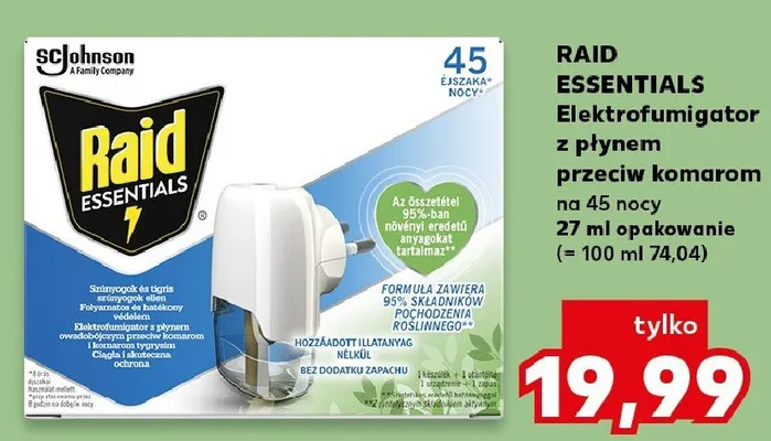 Elektrofumigator z płynem przeciw komarom na 45 nocy Raid Essentials promocja w Kaufland