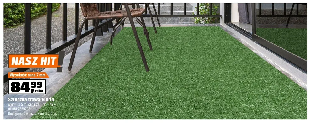 Sztuczna trawa Gloria wym. 1x5m wysokość runa 7mm promocja w OBI