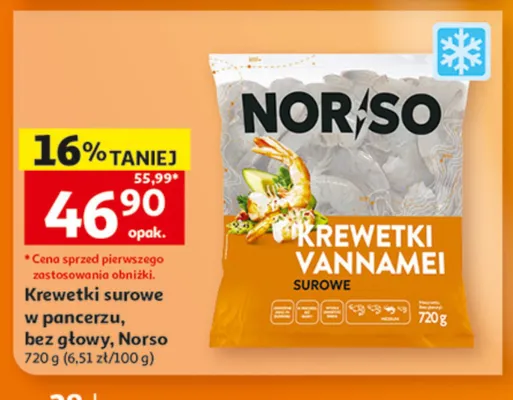Krewetki surowe w pancerzu bez głowy Norso promocja w Auchan