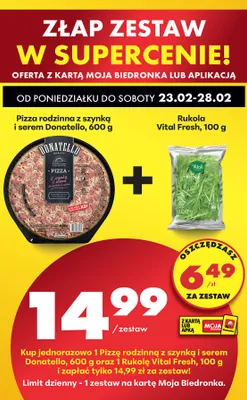 Zestaw: pizza rodzinna z szynką i serem Donatello + rukola Vital Fresh promocja w Biedronka