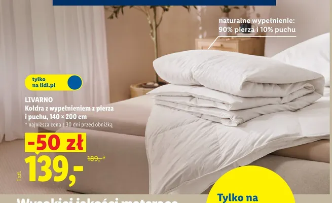 Kołdra z wypełnieniem z pierza i puchu 140x200 cm Livarno promocja w Lidl
