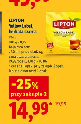 Herbata czarna Lipton Yellow Label promocja w Lidl