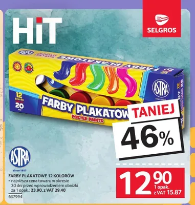 Farby plakatowe Astra 12 kolorów promocja w Selgros