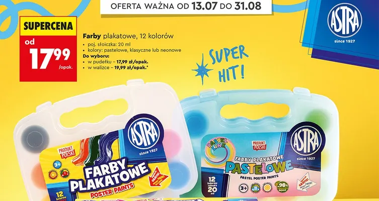 Farby plakatowe Astra pastelowe w pudełku promocja w Biedronka