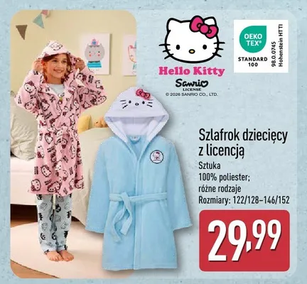 Szlafrok dziecięcy Hello Kitty z licencją, sztuka 100% poliester, różne rodzaje, rozmiary 122/128-146/152 promocja w Aldi