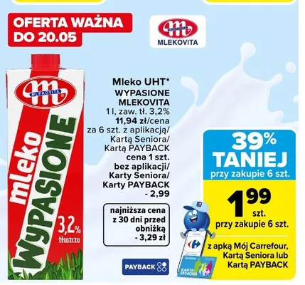 Mleko UHT WYPASIONE MLEKOVITA 3,2% promocja w Carrefour
