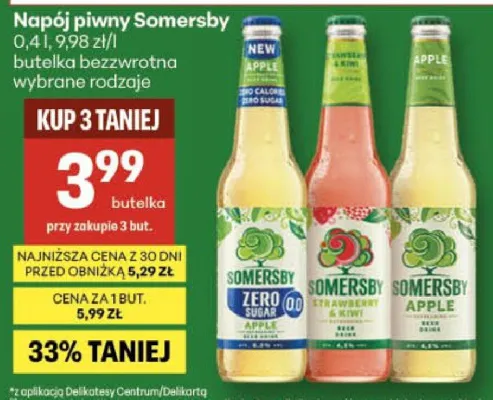 Napój piwny Somersby Zero Sugar Apple promocja w Delikatesy Centrum