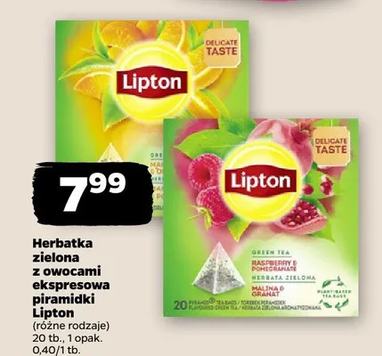 Herbatki zielone z owocami ekspresowe piramidki różne rodzaje Lipton promocja w Netto