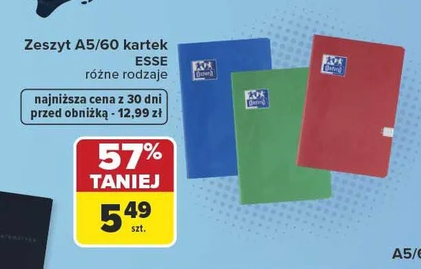 Zeszyt Oxford ESSE A5 60 kartek promocja w Carrefour