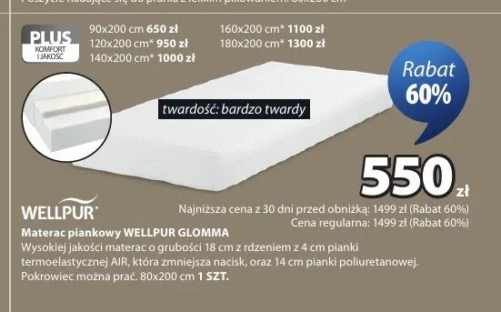 Materac piankowy WELLPUR GLOMMA promocja w Jysk