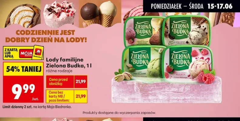 Lody familijne pistacjowe Zielona Budka promocja w Biedronka