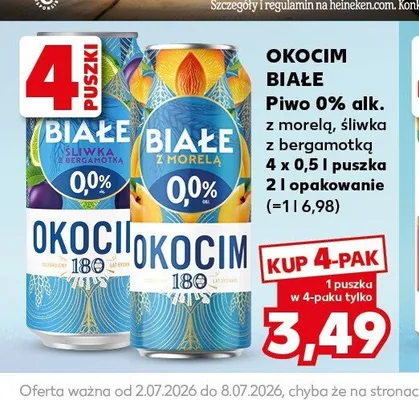 Piwo bezalkoholowe Okocim Białe z morelą 4-pak promocja w Kaufland