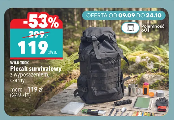 Plecak survivalowy z wyposażeniem moro Wild Trek 60 l promocja w Biedronka