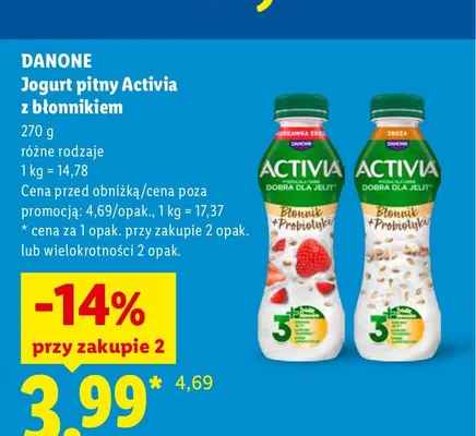 Jogurt pitny Activia z błonnikiem truskawkowy promocja w Lidl