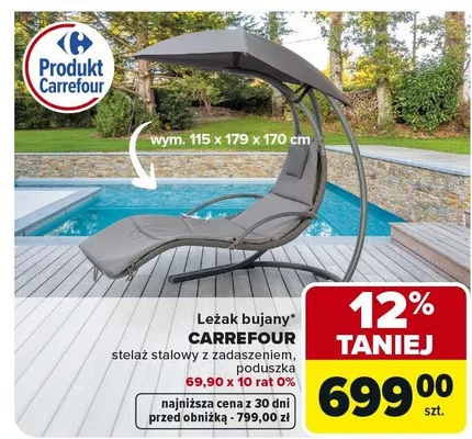 Leżak bujany stelaż stalowy z zadasieniem, poduszka promocja w Carrefour