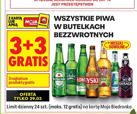 Piwa w butelkach bezzwrotnych Heineken, Żubr, Okocim, Łomżyskie, Desperados, Garage promocja w Biedronka