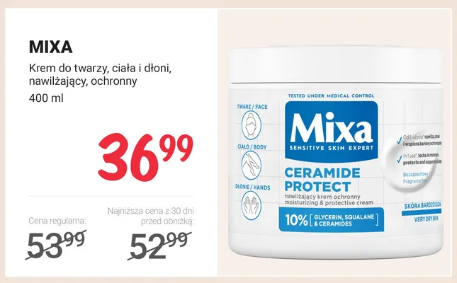 Krem do twarzy, ciała i dłoni nawilżający, ochronny MIXA promocja w Rossmann