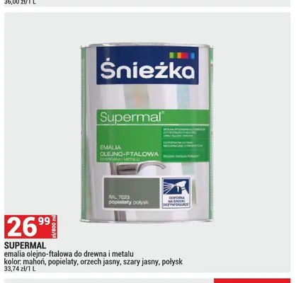 Emalia olejno-ftalowa do drewna i metalu Śnieżka Supermal promocja w Merkury Market