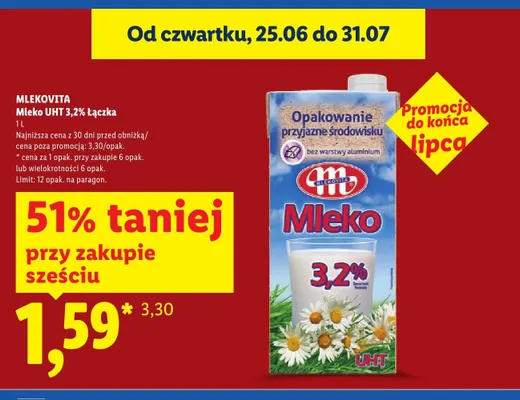 Mleko UHT 3,2% Łączka Mlekovita promocja w Lidl