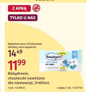 Chusteczki nawilżane dla niemowląt Babydream 3-pak promocja w Rossmann