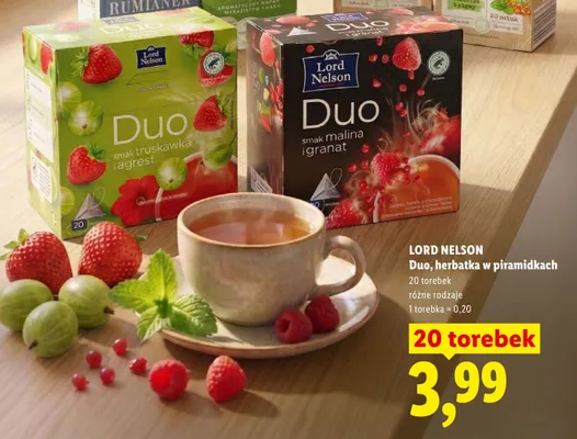 Herbatka w piramidkach Lord Nelson Duo smak truskawka i agrest promocja w Lidl