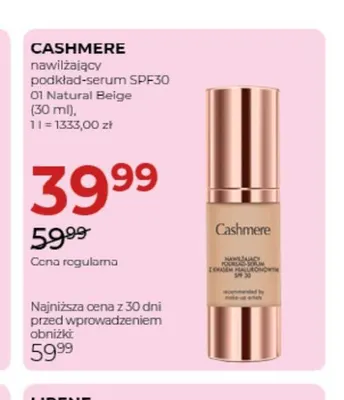 Nawilżający podkład-serum SPF30 01 Natural Beige Cashmere promocja w Drogerie Jawa