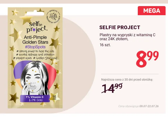 Plastry na wypryski Selfie Project Anti-Pimple Golden Stars z witaminą C i 24K złotem promocja w Rossmann