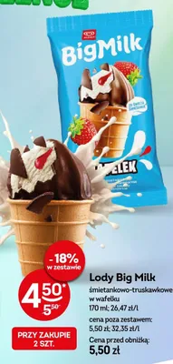Lody Big Milk śmietankowo-truskawkowe w wafelku promocja w Żabka