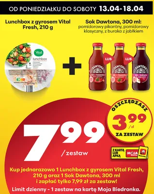 Zestaw: lunchbox z gyrosem + sok Dawtona, różne rodzaje promocja w Biedronka
