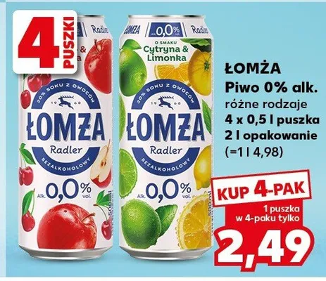 Piwo bezalkoholowe Łomża Radler 0% alk. promocja w Kaufland